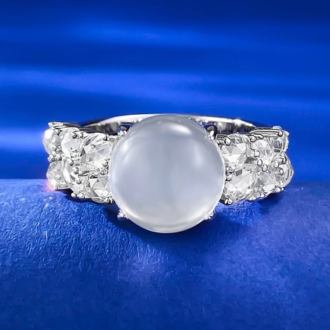 Vintage 925 Sterling Silver Ring For Women Round White Gemstone Cabochon Inlaid Rhinestone Elegant Retro Finger Ring Jewelry