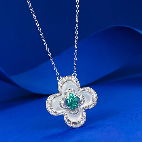 925 Sterlingsilber Vierblättriges Kleeblatt Halskette Paraiba Grüne Steine Anhänger Mit Perlmutt Strass Für Damen Schmuck