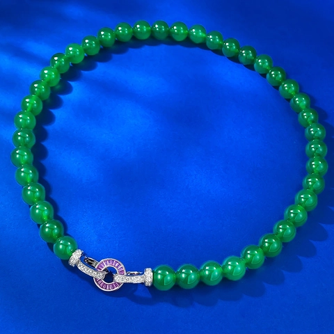 S925 Sterlingsilber Grüner Chalzedon Perlenkette Damen Vintage Chinesischer Stil Achat Perlenkette Mit Strass Verschluss