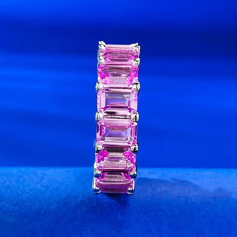 Anello Eternity in Argento Sterling 925 Rosa Ciliegio Strass per Donna Taglio Rettangolare Intarsiato Moda Gioielli