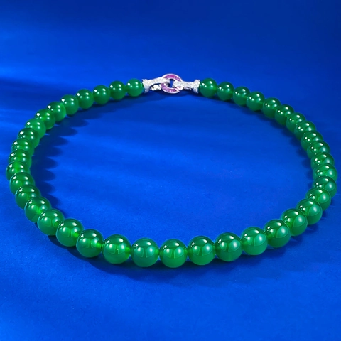 S925 Sterlingsilber Grüner Chalzedon Perlenkette Damen Vintage Chinesischer Stil Achat Perlenkette Mit Strass Verschluss
