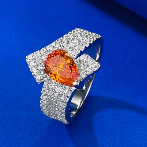 Luxueuse Bague en Argent Sterling 925 Avec Strass Pavé Orange Taille Poire pour Femme Élégante Mode Fiançailles Mariage Bijoux
