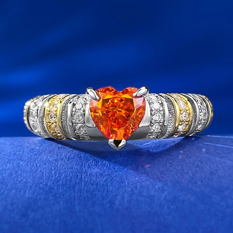 Vintage 925 Sterling Silver Heart Ring For Women Orange Heart Shaped Stone Bi-Color Band Rhinestone Inlaid Fashion Jewelry Finger Ring