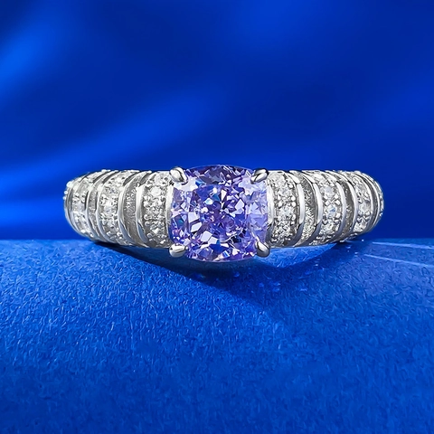 Luxury 925 Sterling Silver Purple Square Cut Stone Ring For Women Elegant Rhinestone Inlaid Fashion Finger Jewelry Party Gift