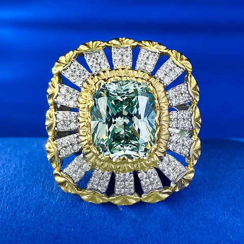 Vintage 925 Sterling Silver Ring For Women Luxury Green Cushion Cut Gemstone Rhinestone Pave Cocktail Ring For Banquet Party Jewelry