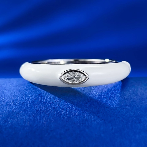 Anello in Argento Sterling 925 Smalto Bianco Strass Marquise per Donna Dolce Fresco Geometrico Impilabile Gioielli di Moda