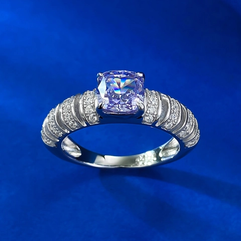 Luxury 925 Sterling Silver Purple Square Cut Stone Ring For Women Elegant Rhinestone Inlaid Fashion Finger Jewelry Party Gift