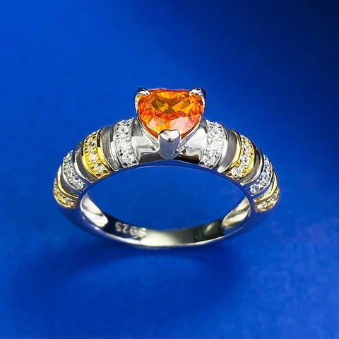 Vintage 925 Sterling Silver Heart Ring For Women Orange Heart Shaped Stone Bi-Color Band Rhinestone Inlaid Fashion Jewelry Finger Ring