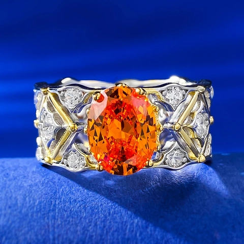 Vintage Palace Style 925 Sterling Silver Ring For Women Luxury Large Oval Orange Rhinestone Inlaid Fashion Jewelry Finger Ring