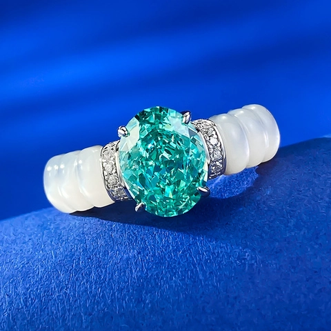 S925 Sterling Silver Ring Paraiba Color Oval Gemstone White Mother Of Pearl Inlay Rhinestone Finger Ring Vintage Luxurious Women Jewelry