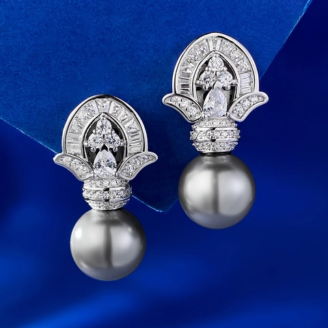 Vintage 925 Sterling Silver Grey Artificial Pearl Drop Earrings Luxurious Rhinestone Inlaid Crown Ear Studs For Women Jewelry