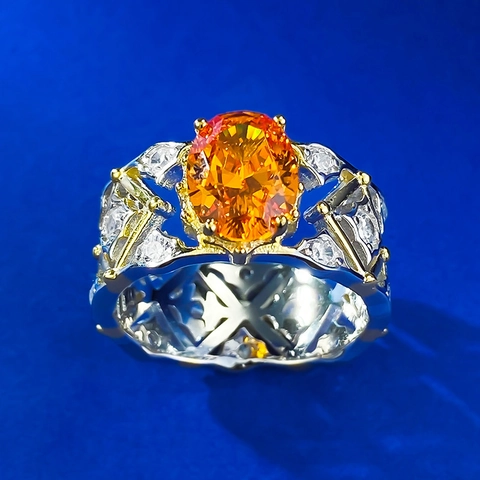 Vintage Palace Style 925 Sterling Silver Ring For Women Luxury Large Oval Orange Rhinestone Inlaid Fashion Jewelry Finger Ring