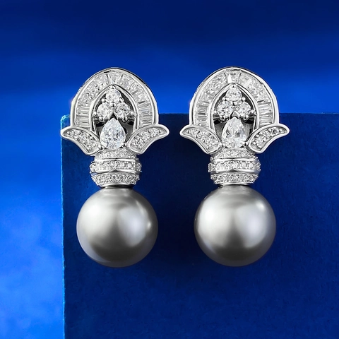 Vintage 925 Sterling Silver Grey Artificial Pearl Drop Earrings Luxurious Rhinestone Inlaid Crown Ear Studs For Women Jewelry