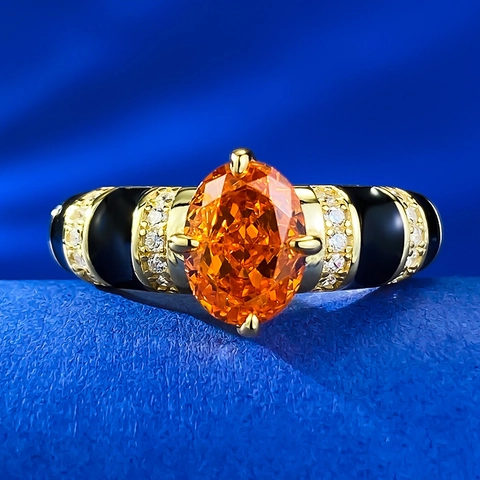 Luxury S925 Sterling Silver Oval Orange Stone Ring Gold Plated Black Enamel Rhinestone Vintage Fashion Jewelry Ring For Women