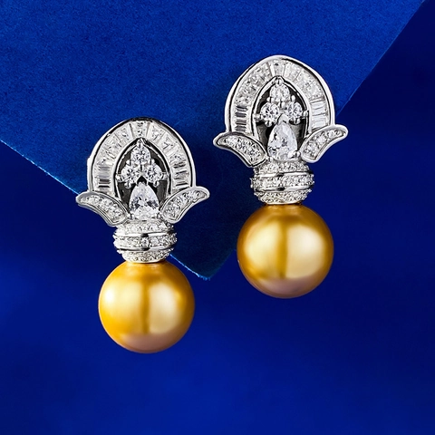 Lussuosi Orecchini a Bottone in Argento Sterling 925 Con Perla Artificiale Dorata per Donna Design a Corona Intarsiato Con Strass Gioielli Vintage