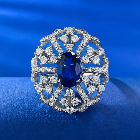 Anillo de Plata de Ley 925 Azul Real Estrás Ovalado para Mujer Vintage Floral Calado Joyería de Lujo Cóctel