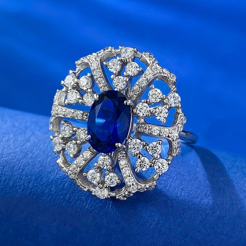 Anillo de Plata de Ley 925 Azul Real Estrás Ovalado para Mujer Vintage Floral Calado Joyería de Lujo Cóctel