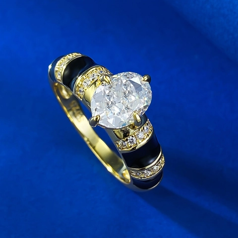 925 Sterling Silver Oval White Rhinestone Gold Plated Ring Black Enamel Vintage Fashion Ring Jewelry For Women Party