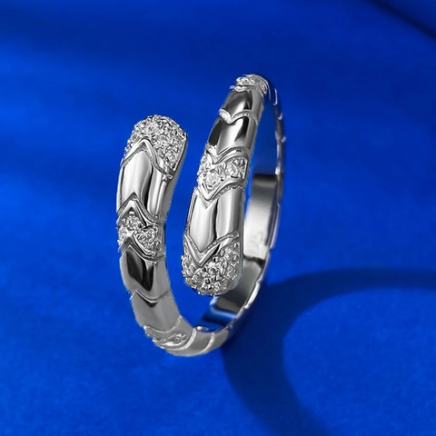 Anillo Abierto de Escamas de Serpiente de Plata de Ley S925 para Mujer Ajustable Vintage Lujo con Strass Incrustados Joyería