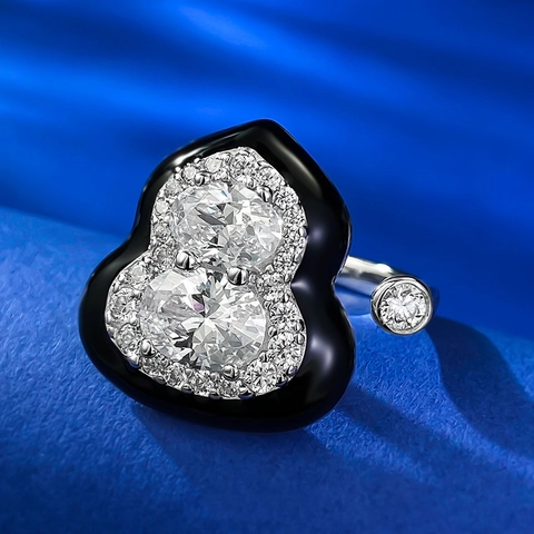 Anello Aperto Regolabile a Forma di Zucca in Stile Cinese Vintage per Donna Argento Sterling 925 Smalto Nero Strass Gioielli