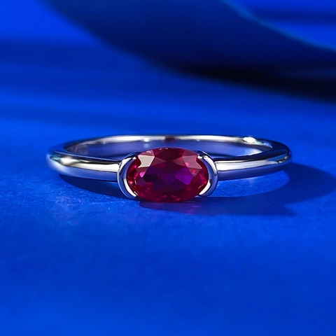 Anello in Argento Sterling 925 con Strass Ovale per Donna Minimalista Rosso Blu Bianco Pietra Geometrica Gioielli di Moda