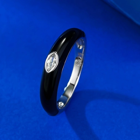 Anello in Argento Sterling 925 per Donna Minimalista Smalto Nero Intarsiato Strass Marquise Geometrico Impilabile Anello al Dito Stile INS Gioielli