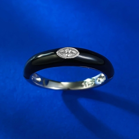 Anello in Argento Sterling 925 per Donna Minimalista Smalto Nero Intarsiato Strass Marquise Geometrico Impilabile Anello al Dito Stile INS Gioielli