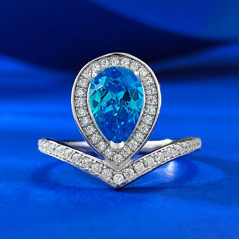Anillo de Plata de Ley S925 con Forma de Pera Color Aguamarina para Mujer Forma de V Corona Halo Incrustación de Strass Joyería de Moda