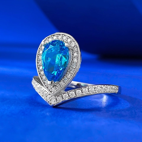 Anillo de Plata de Ley S925 con Forma de Pera Color Aguamarina para Mujer Forma de V Corona Halo Incrustación de Strass Joyería de Moda