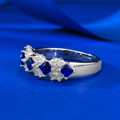 S925 Sterling Silver Artificial Blue Sapphire Ring Women Marquise White Rhinestone Eternity Band Fashion Jewelry Gift