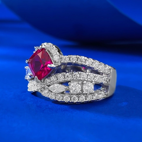 925 Sterling Silver Pigeon Blood Red Corundum Ring Cushion Cut Pave Rhinestone Finger Ring For Women Elegant Wedding Jewelry