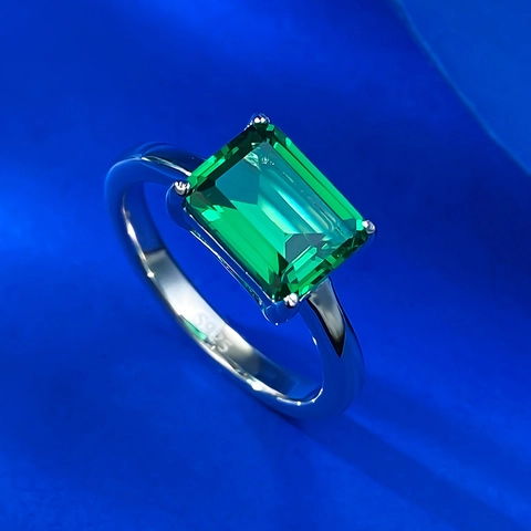 Anello in Argento Sterling 925 Minimalista per Donna Rettangolare Taglio Smeraldo Verde Strass Vintage Geometrico Intarsiato Gioielli Moda Anello