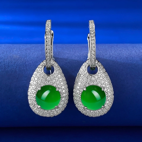 925 Sterling Silver Drop Earrings Elegant Water Drop Green Chalcedony White Rhinestone Earrings For Women Office Daily Jewelry