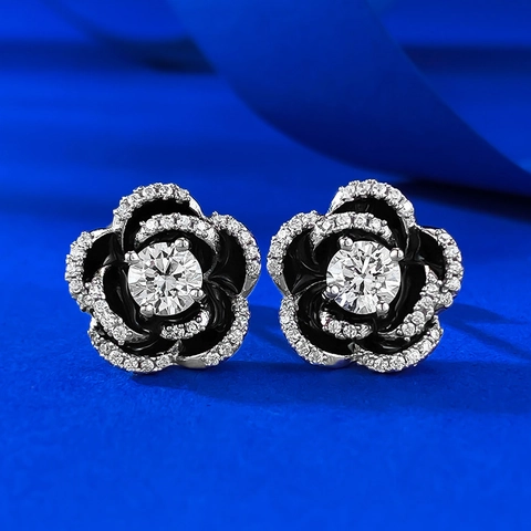 S925 Sterling Zilveren Camellia Oorknopjes Voor Dames Zwart Emaille Ronde Strass Ingelegde Bloem Oorbellen Elegant Sieraden Cadeau