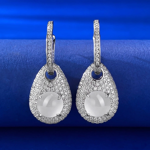925 Sterling Silver Drop Earrings Elegant Water Drop Green Chalcedony White Rhinestone Earrings For Women Office Daily Jewelry