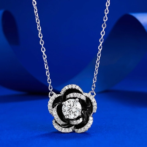 Elegante Collana con Ciondolo Camelia in Argento Sterling S925 Smalto Nero Strass Catena Floreale Gioielli da Donna Regalo