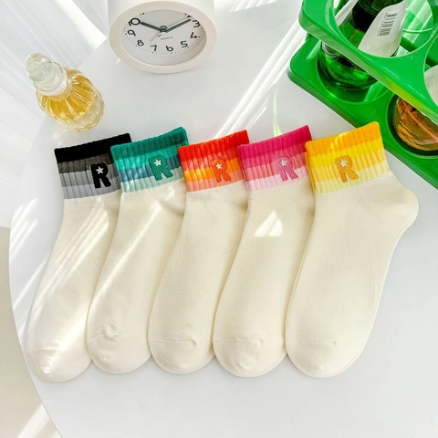 Women's Combed Cotton Crew Socks Rainbow Striped Cuff Letter R Star Embroidery Casual Preppy Style Breathable Sport Socks