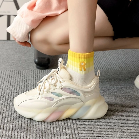 Women's Combed Cotton Crew Socks Rainbow Striped Cuff Letter R Star Embroidery Casual Preppy Style Breathable Sport Socks