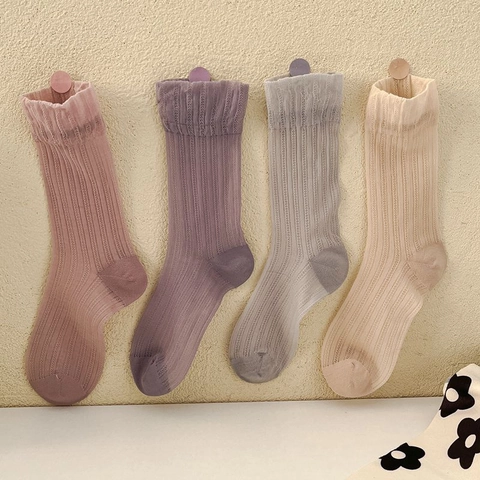 Women Sweet Lace Trim Slouch Socks Ribbed Mesh Breathable Thin Socks Japanese Style Solid Color Nylon Socks