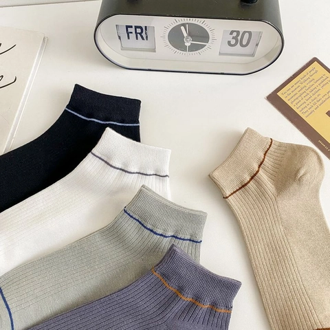 Chaussettes Invisibles en Coton pour Hommes Respirantes Rayées Coupe Basse Chaussettes de Sport Casual Texture Nervurée