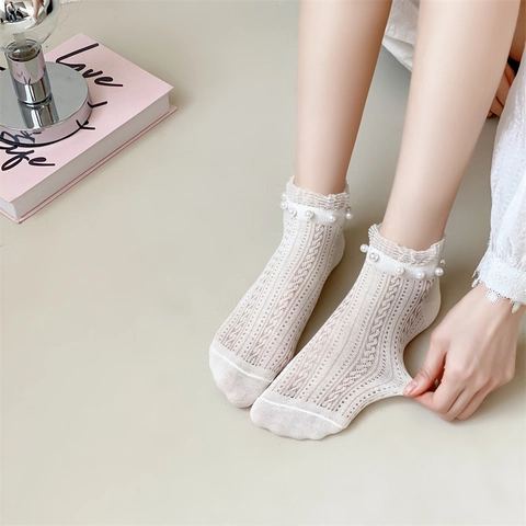 Calzini Invisibili da Donna in Cotone Dolce con Perle Artificiali e Pizzo Traspiranti in Mesh Traforati Calze a Barca Estive Sottili