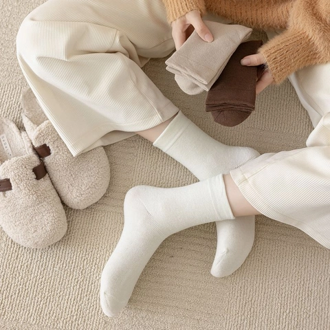 Women Winter Thickened Fleece Lined Crew Socks Warm Knitted Mid Tube Socks Solid Color Ribbed Soft Casual Thermal Home Hosiery