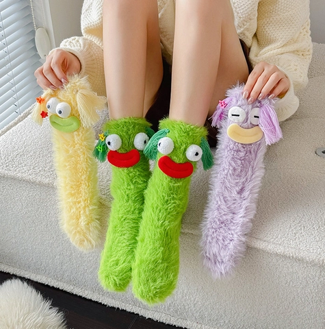 Funny Monster 3D Eyes Plush Floor Socks Acetate Fiber Thick Warm Winter House Socks For Women Cute Fuzzy Sleeping Socks