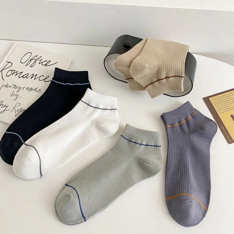 Chaussettes Invisibles en Coton pour Hommes Respirantes Rayées Coupe Basse Chaussettes de Sport Casual Texture Nervurée