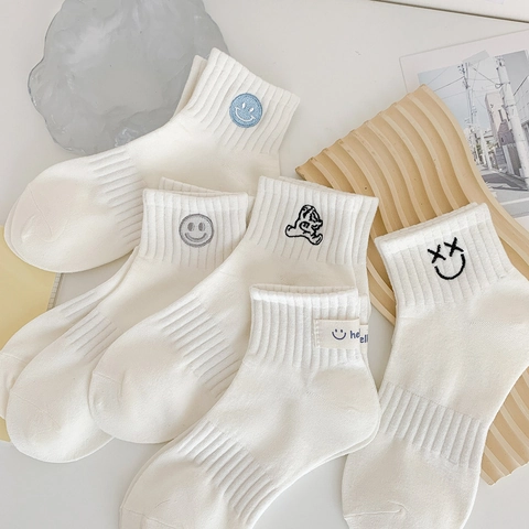 Calzini Sportivi Bianchi Unisex Con Ricamo Faccina Sorridente Disegni Animati Calze Casual in Misto Cotone per Tutti i Giorni