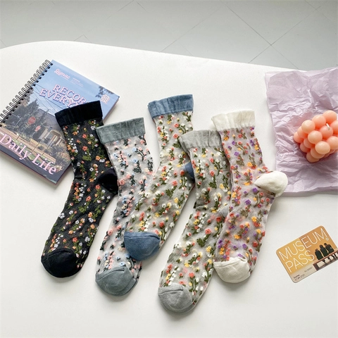 Women Floral Embroidery Sheer Mesh Mid Tube Socks Japanese Retro Breathable Summer Spring Transparent Crew Socks Fashion