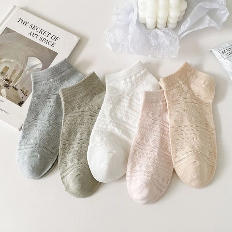 Women Cotton Pointelle Mesh No Show Socks Breathable Sweat Absorbent Low Cut Solid Color Casual Summer Thin Knitted Boat Socks
