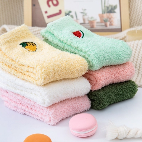 Women Japanese Style Coral Fleece Socks With Fruit Embroidery Thickened Warm Mid-Calf Polyester Sleep Socks For Home