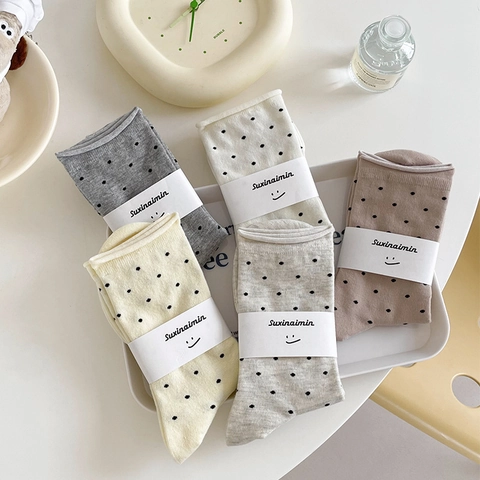 Women Polka Dot Mid-Calf Socks Combed Cotton Rolled Edge Slouchy Artistic Casual Sweat Absorbent Vintage Versatile Hosiery