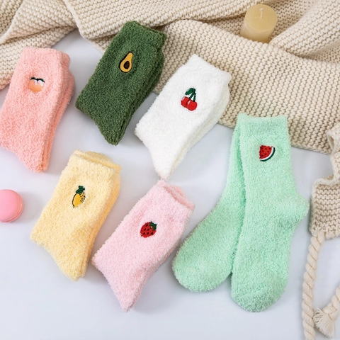 Women Japanese Style Coral Fleece Socks With Fruit Embroidery Thickened Warm Mid-Calf Polyester Sleep Socks For Home